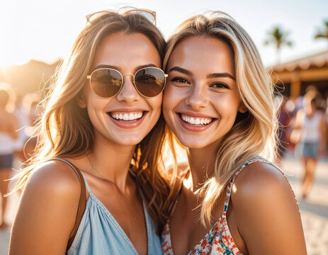 Una pareja de mujeres amigas o hermanas jovenes juntas y felices