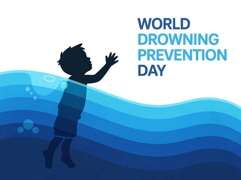 Silhouette of child in water with world drowning prevention day text on white background