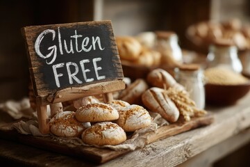 Artisan Gluten-Free Bread Rolls on Rustic Wooden Board: Delicious and Healthy Bakery Image for Websites, Blogs, and Food Packaging