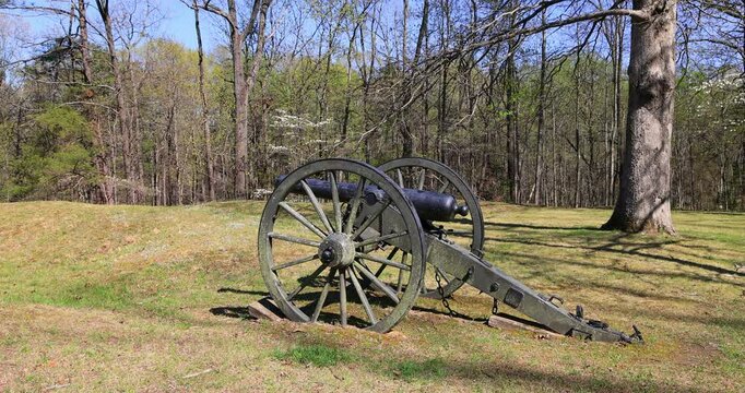  Fredericksburg Civil War Battleground canon in forest field. Battle of Gettysburg, July 1 to July 3, 1863. 51,000 soldiers killed, wounded, or missing. memorial to the soldiers who fought and died.