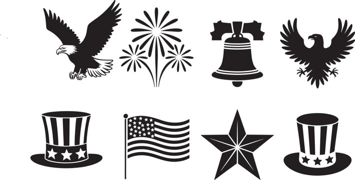Black And White Patriotic Symbols Collection Eagle Fireworks Bell Uncle Sams Hat Star American Flag Graphics