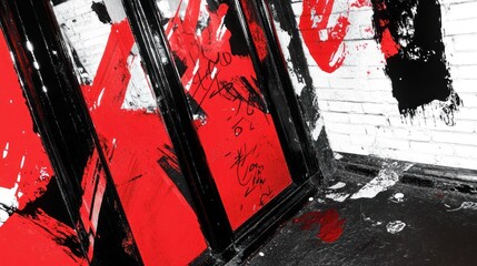 Urban Graffiti: Red and Black Abstract Expressionism on a Brick Wall