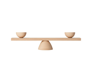 balance scale with wooden bowls on white background.