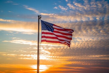 Patriotic Photo of the U.S. Flag with Glowing Sunset and Symbolic Clouds, American flag on the wind