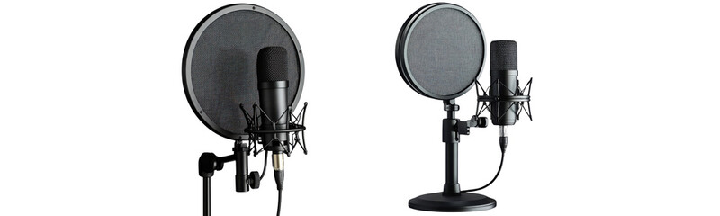 studio microphone with pop filter on white background.