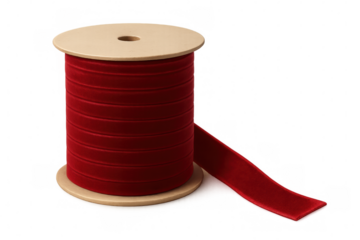 Red velvet ribbon rolled up on wooden spool, isolated on transparent background, ready for crafts and decorations