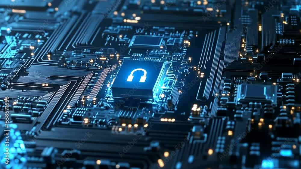 Poster futuristic technology concept: secure circuit board with glowing lock icon animation