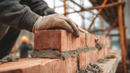 Building a Foundation: Close-up of a skilled bricklayer meticulously constructing a wall, showcasing the precision of his craft with hands-on expertise, framed with structural scaffolding. 