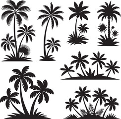 Collection of black silhouette palm trees on white background representing tropical island scenery
