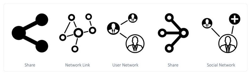 A set of 5 mix icons as share, network link, user network