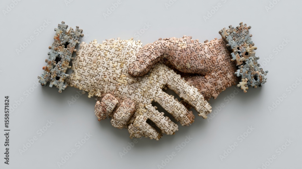 Poster partnership handshake made of puzzle pieces symbolizing collaboration and unity in a minimalistic se