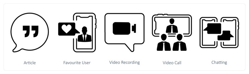 A set of 5 mix icons as article, favorite user, video recording