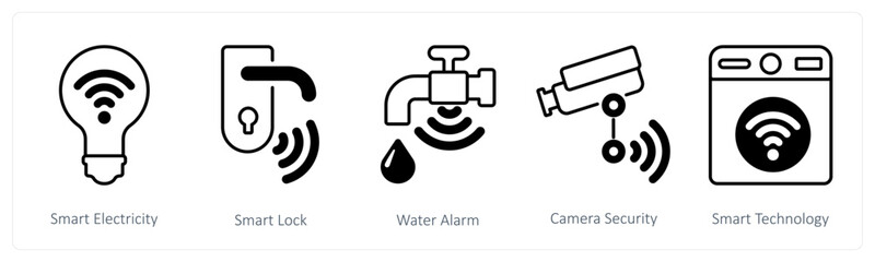 A set of 5 mix icons as smart electricity, smart lock, water alarm