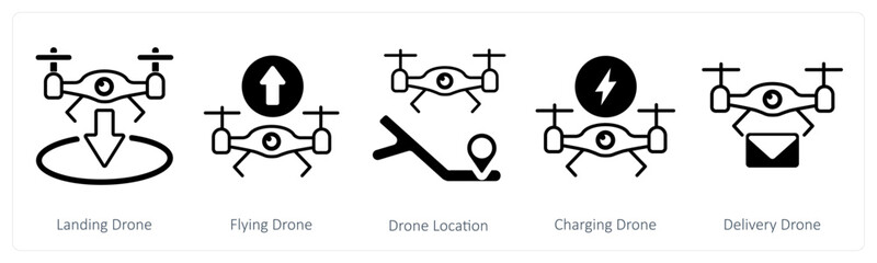 A set of 5 mix icons as landing drone, flying drone, drone location