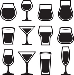 Twelve Black Silhouette Drinkware Icons Set Various Glass Shapes and Sizes Cocktail Martini Wine Beer Glasses Simple Graphic Design Elements