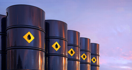 Row of oil barrels, industrial setting, sunset sky. Energy sector, petroleum production business, storage, logistics, transportation, fuel industry. Oil price, refinery market, environmental impact 3D