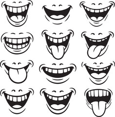 Twelve Cartoon Mouths Showing Various Expressions Including Wide Open Smiles and Tongues Sticking Out Black and White Silhouette Illustrations