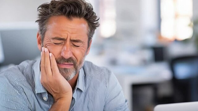 Sharp Tooth Pain: A middle-aged man is suffering from a tooth pain and has put his hand on his painful area in an indoor environment.