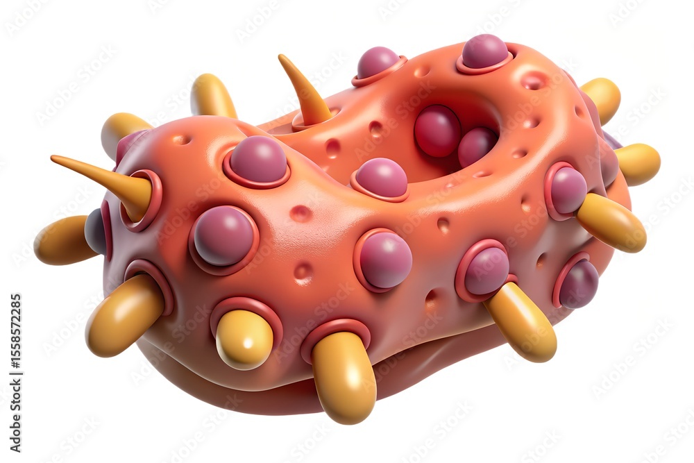Poster abstract 3d rendering of a textured organic shape with protrusions and spheres