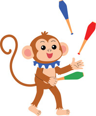 smile monkey cartoon juggling club show, cute monkey character circus performing show illustration