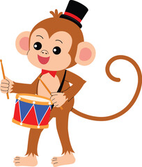smile monkey cartoon play drum, cute monkey character circus performing show illustration