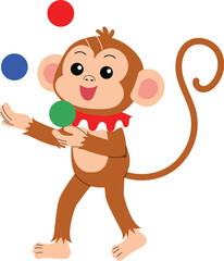 smile monkey cartoon juggling balls show, cute monkey character circus performing show illustration