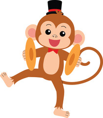 smile monkey cartoon play cymbals, cute monkey character circus performing show illustration