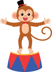 smile monkey cartoon stand performing circus act podium, cute monkey character circus performing show illustration