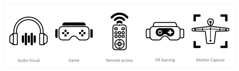 A set of 5 mix icons as audio visual, game, remote access