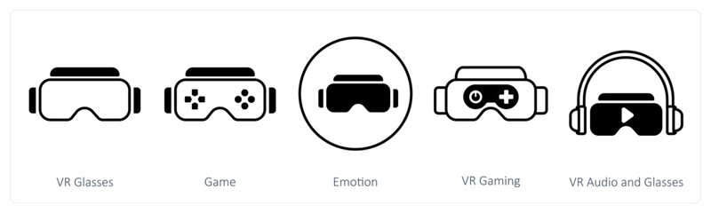 A set of 5 mix icons as vr glasses, game, emotion