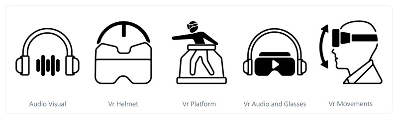 A set of 5 mix icons as audio visual, vr helmet, vr platform