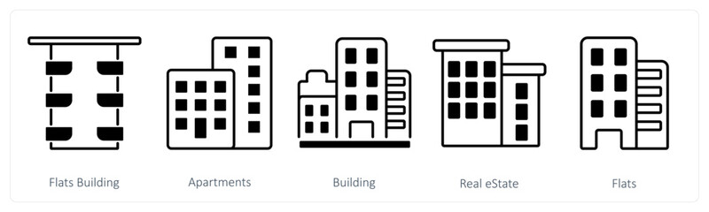 A set of 5 mix icons as flat building, apartments, building