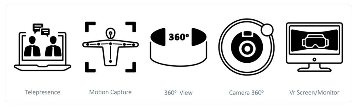 A set of 5 mix icons as telepresence, motion capture, 360 view