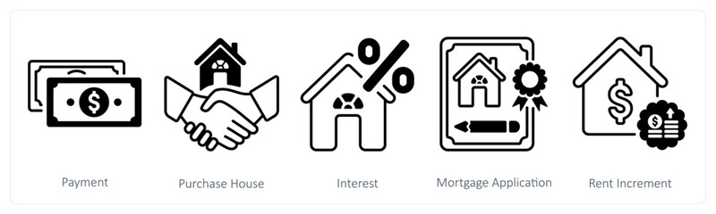 A set of 5 mix icons as payment, purchase house, interest
