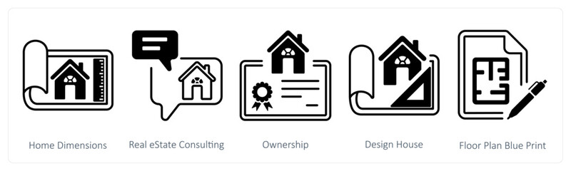 A set of 5 mix icons as home dimensions, real estate consulting, ownership