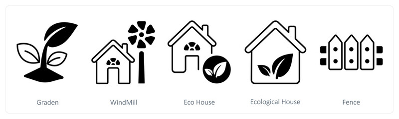 A set of 5 mix icons as garden, windmill, eco house