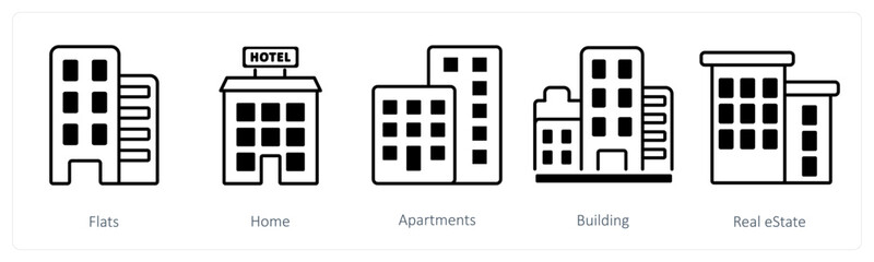 A set of 5 mix icons as flats, home, apartments