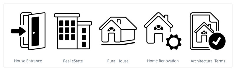 A set of 5 mix icons as house entrance, real estate, rural house