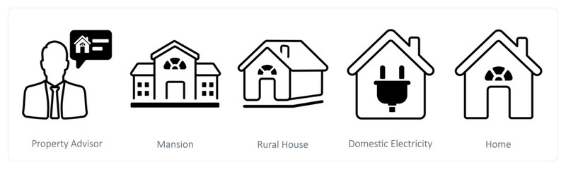 A set of 5 mix icons as property advisor, mansion, rural house