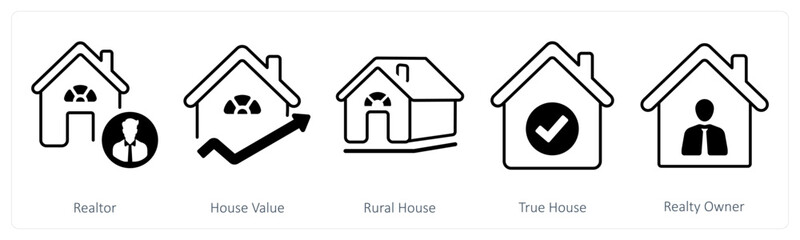 A set of 5 mix icons as realtor, house value, rural house