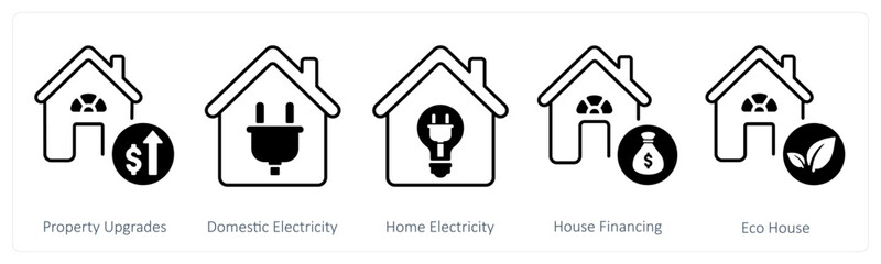 A set of 5 mix icons as property upgrades, domestic electricity, house financing