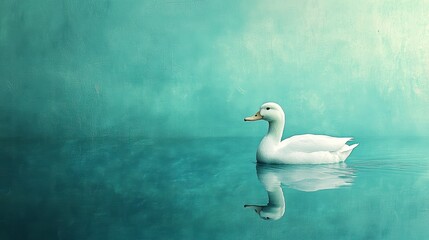 Obraz premium Serene white duck swimming on calm teal water, reflecting its image.