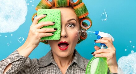 Woman in hair curlers with cleaning sponge and spray bottle with surprised expression for household tasks