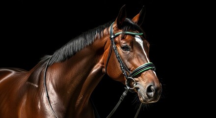 A brown horse with a bridle on a black background. Equine beauty and power. Animal portrait for equestrian sports