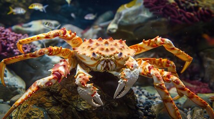Close-up of a king crab with massive legs and spiky shell, placed on a rocky seashore or in a seafood market, showcasing its vibrant red color and fresh appearance
