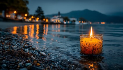 Serene Evening A Lit Candle by the Water's Edge, Reflecting City Lights