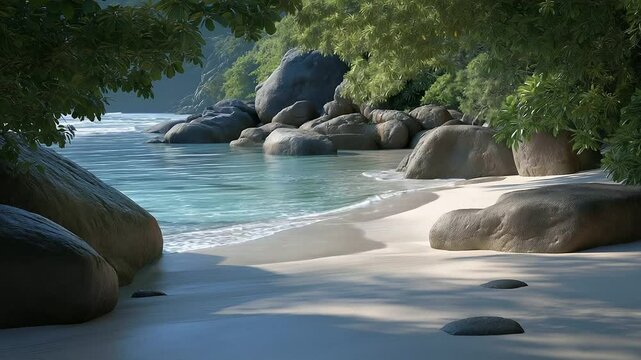 Tropical Cove with Rock Formations and Lush Jungle Bordering Sand