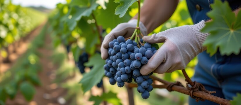 Harvesting grapes in a vineyard with protective gloves. - Powered by Adobe