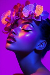 Woman in neon light with closed eyes and orchids in her hair. Beauty portrait with glowing skin, fashion and cosmetic concept.