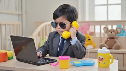The image depicts a young boy dressed in business attire, complete with sunglasses and a phone, sitting at a table with a laptop.